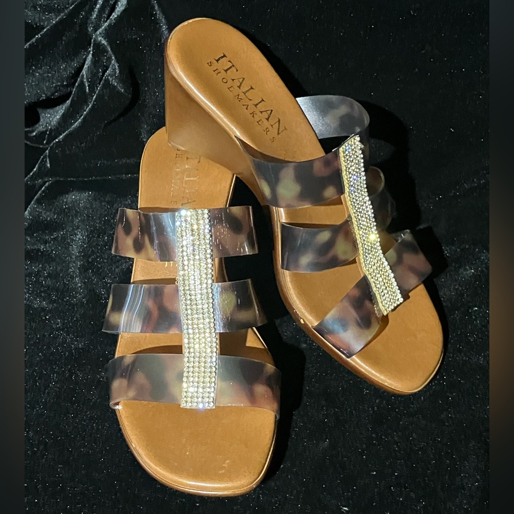 italian shoemakers wedge sandals Odd Pair L7 R8 Leopard Look Rhinstone Slides